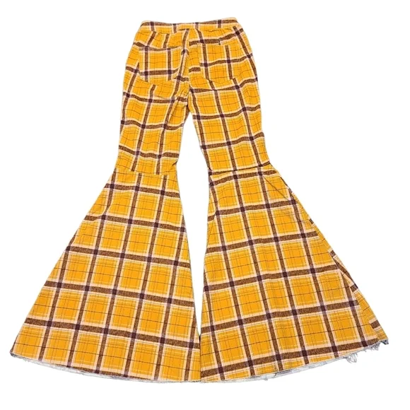 Free People Just Float On Wide Flare Bell Bottom Corduroy Pants Mustard Plaid 26 - Picture 11 of 16